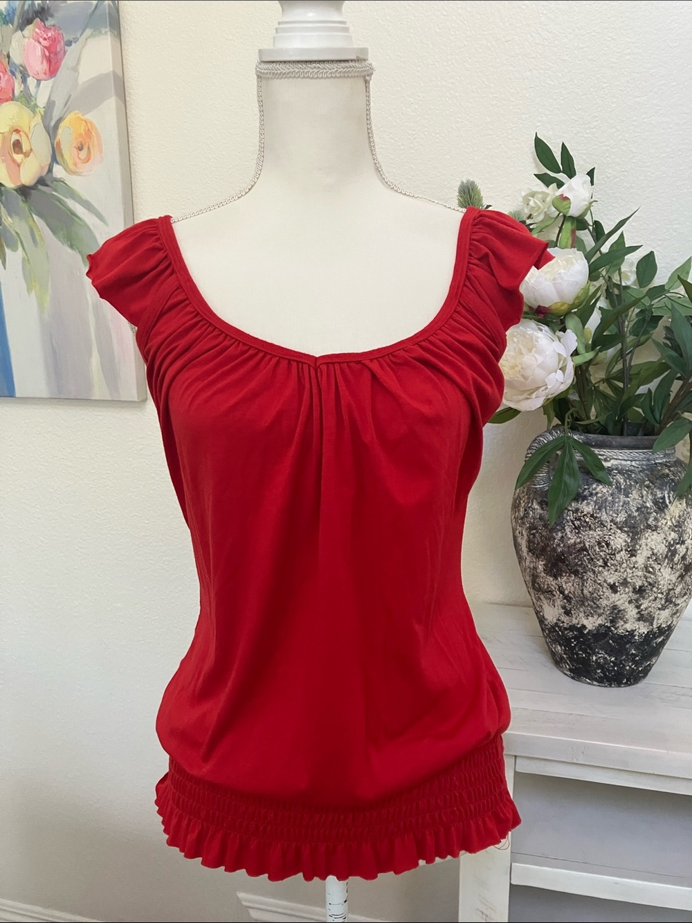 Y2k Brat Star Red Ruffle Sleeve Smocked Waist Tank Top